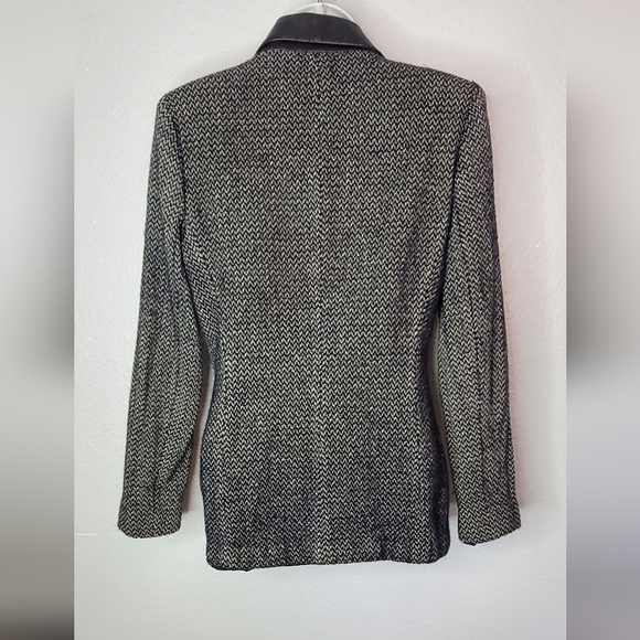 Wool & Genuine Leather Black & Gray Modern Blazer Jacket Notched - Picture 8 of 10